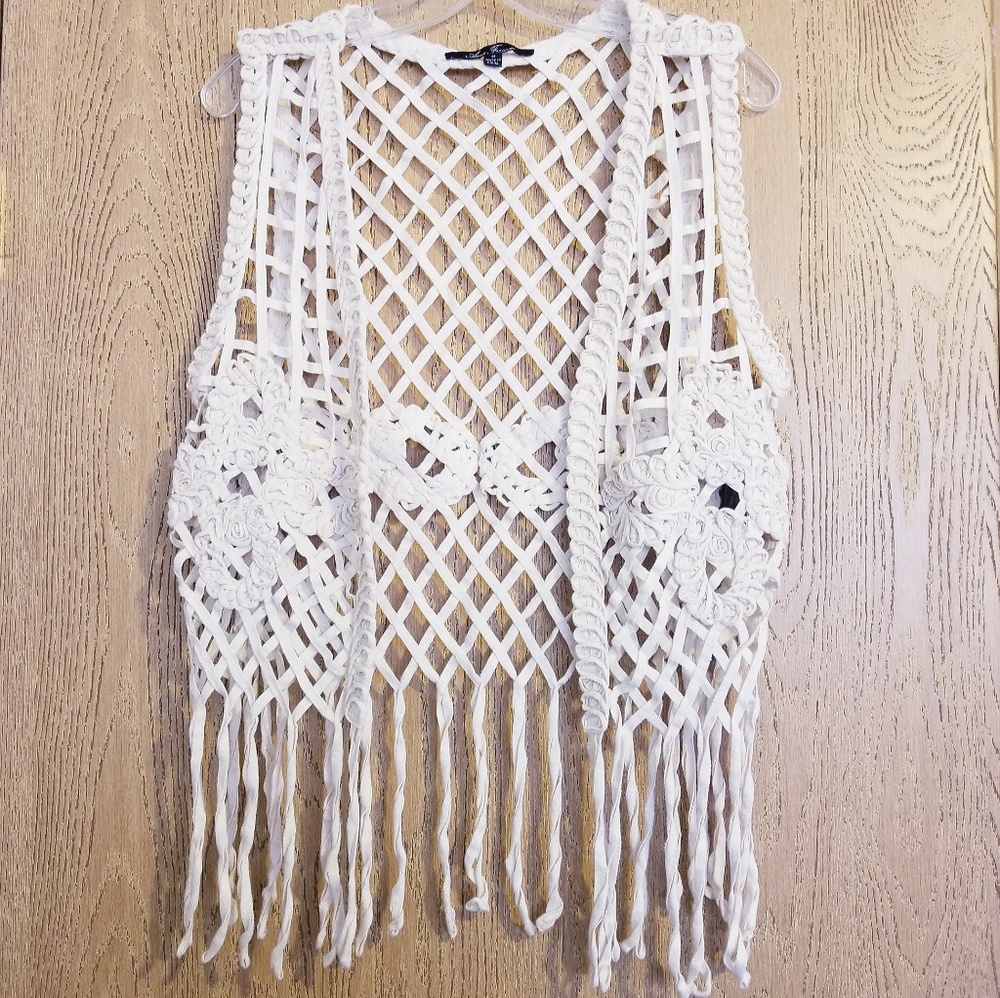 Anne French Trendy Boho Woven Vest with Fringe